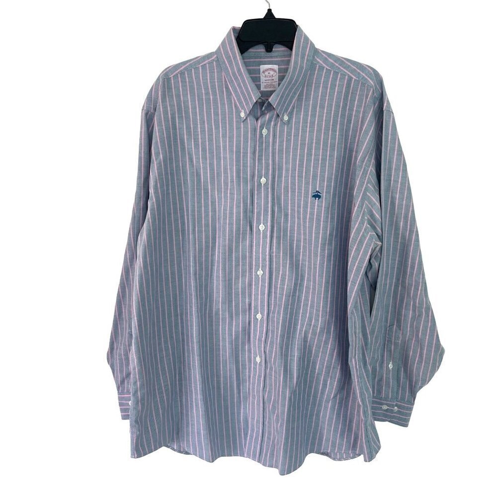 Brooks Brothers Mens Shirt Size XL Madison Fit Blue Pink Non Iron Striped Button